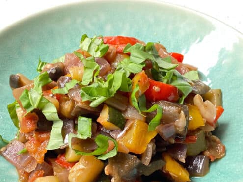 A dish of eggplant and zucchini, making up a ratatouille recipe for fighting inflammation.