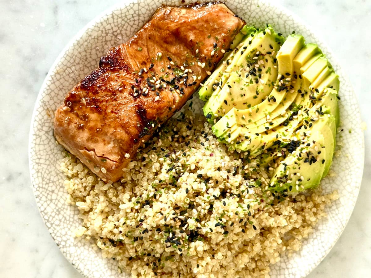 Lazy Teriyaki Salmon with a side of avocado and quinoa.